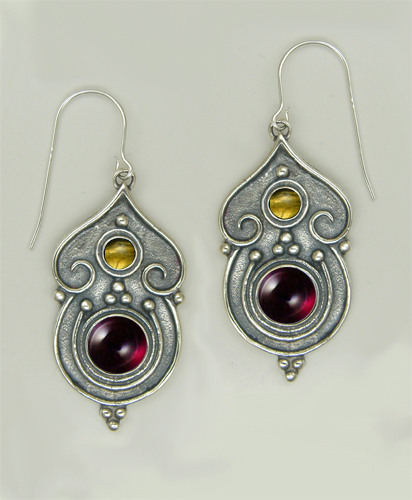 Sterling Silver Gothic Inspired Drop Dangle Earrings With Garnet And Citrine